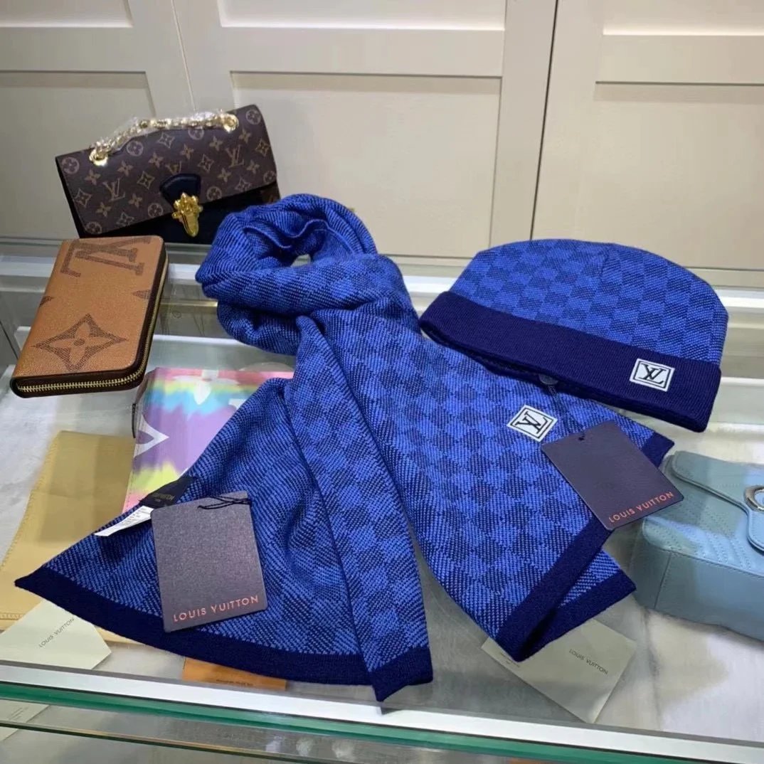 Louis Vuitton LV Damier Knit Scarf and Beanie Set Winter Accessories Blue