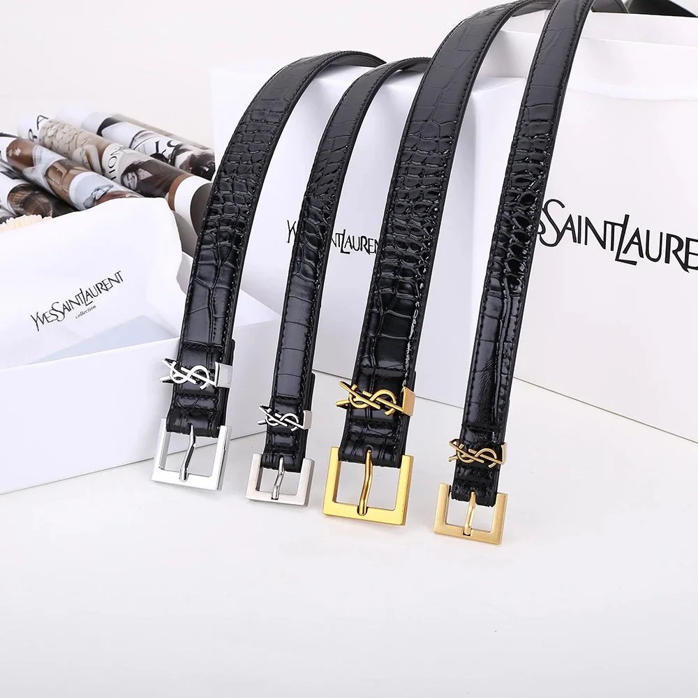 Yves Saint Laurent YSL Monogram Croc-Embossed Leather Belt Black
