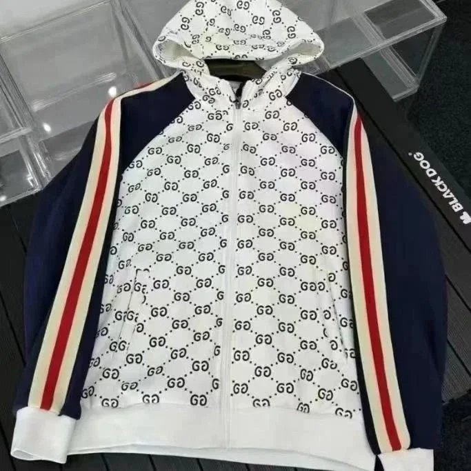 Gucci GG Monogram Zip-Up Hoodie Casual Sweatshirt White and Navy