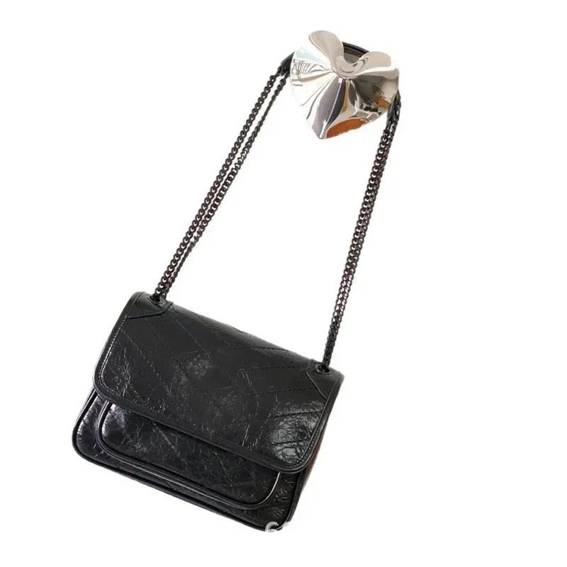 Saint Laurent YSL Le 5 à 7 Heart Crinkled Leather Shoulder Bag Black