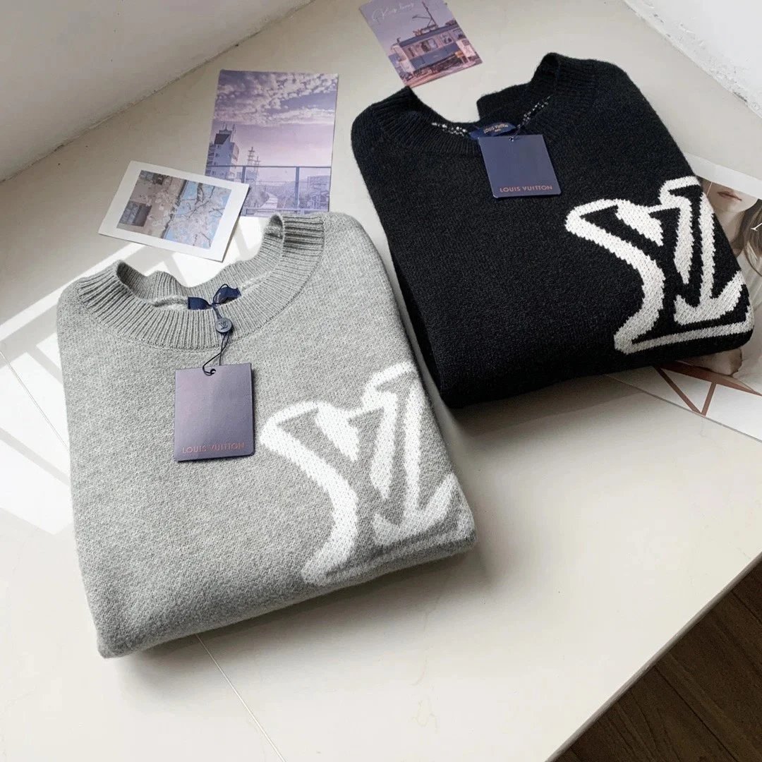Louis Vuitton LV Intarsia Knit Crewneck Sweater Gray and Black