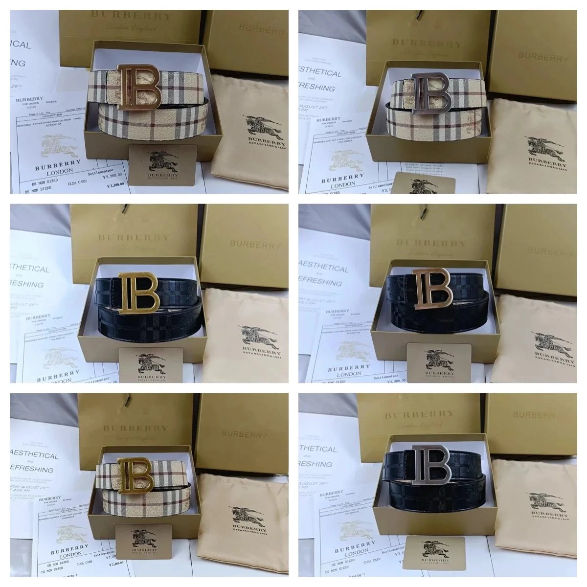 Burberry Reversible Check Belt Classic Leather Accessory Beige and Black