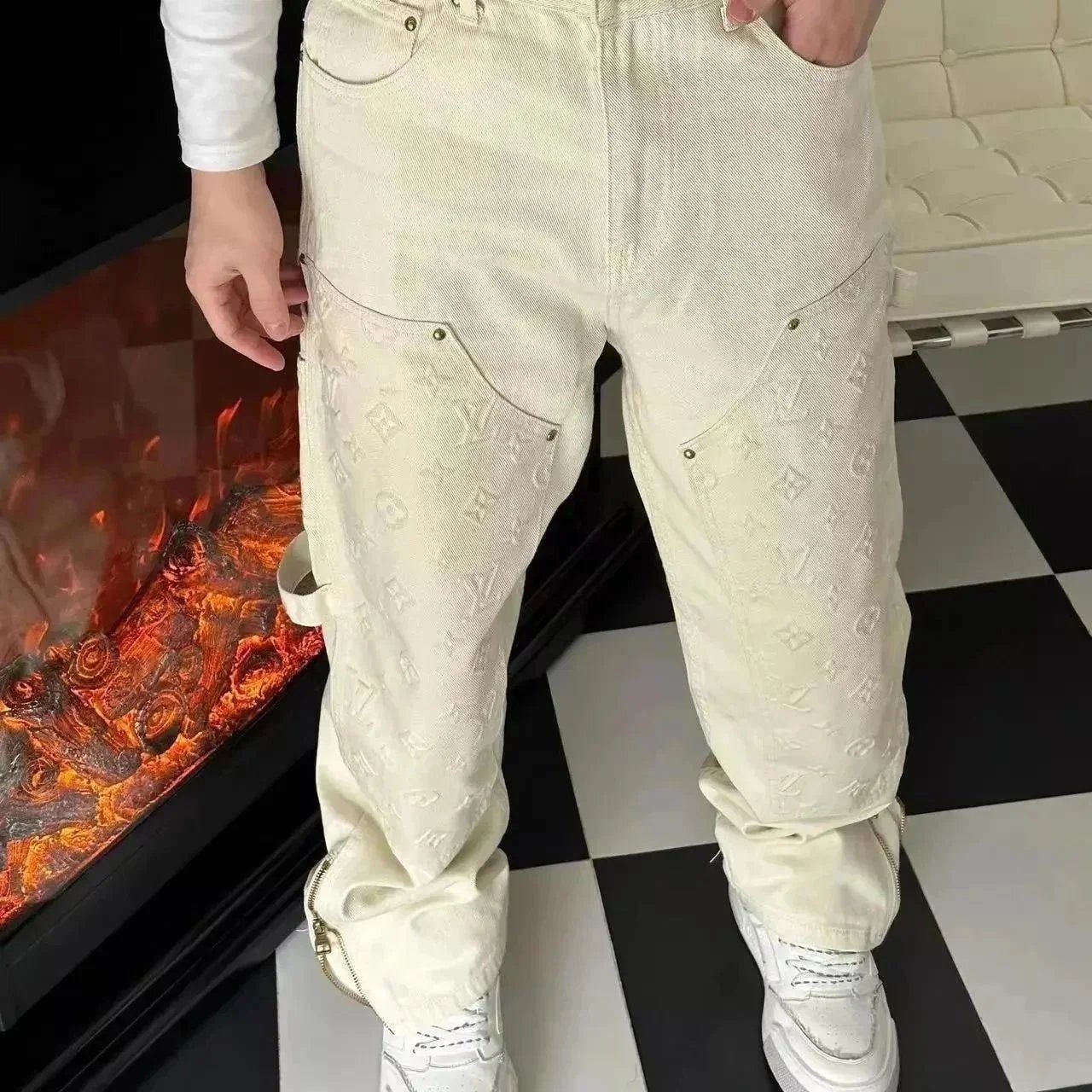 Louis Vuitton LV Monogram Denim Carpenter Pants Casual Trousers Beige