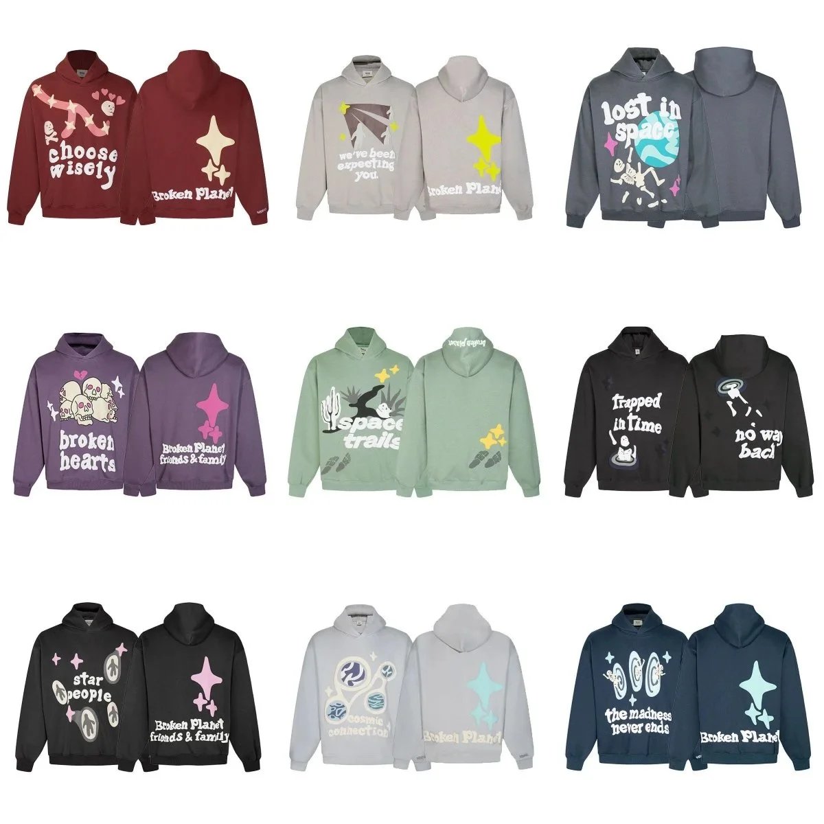 Broken Planet Graphic Print Streetwear Hoodie Multicolor