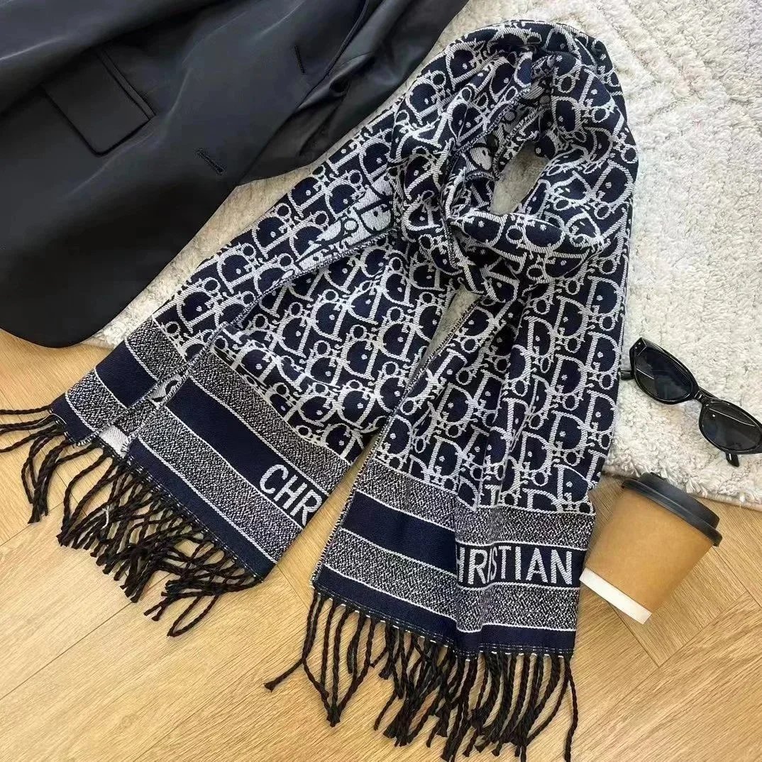 Dior Oblique Classic Knit Scarf Navy and White