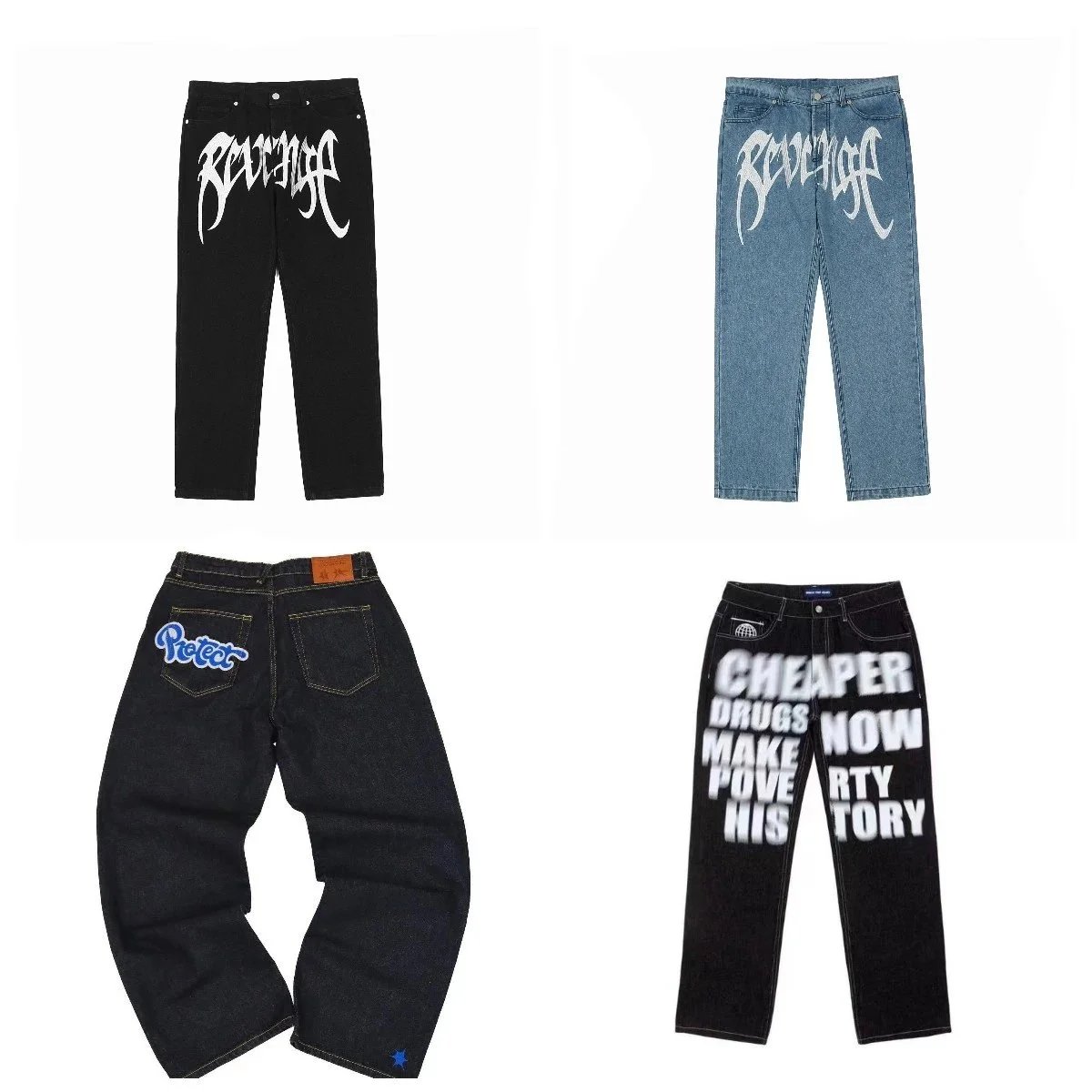 Revenge Graphic Denim Jeans Streetwear Pants Black and Blue