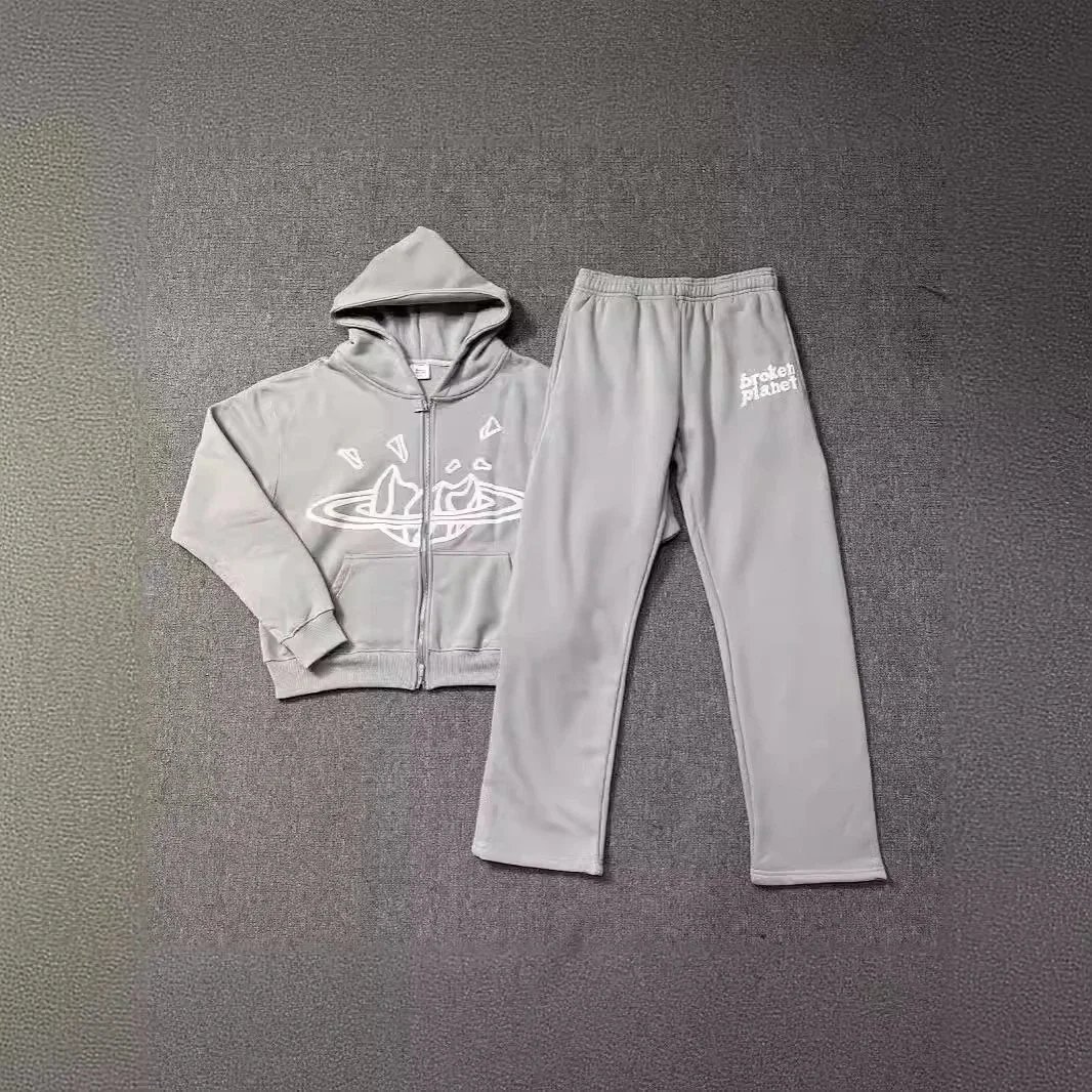 Broken Planet Graphic Print Streetwear Tracksuit Set Gray