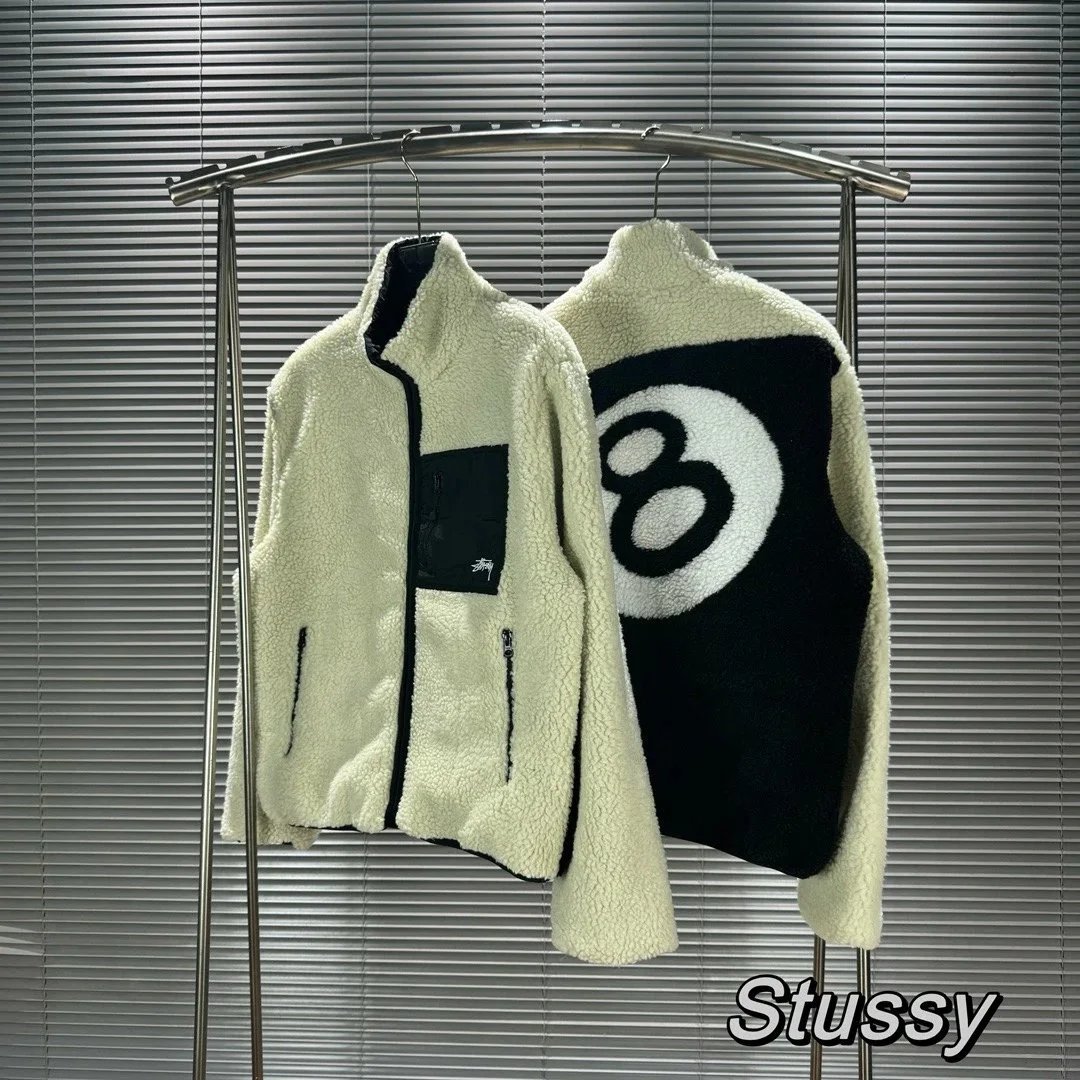 Stussy 8 Ball Sherpa Reversible Jacket Fleece White and Black