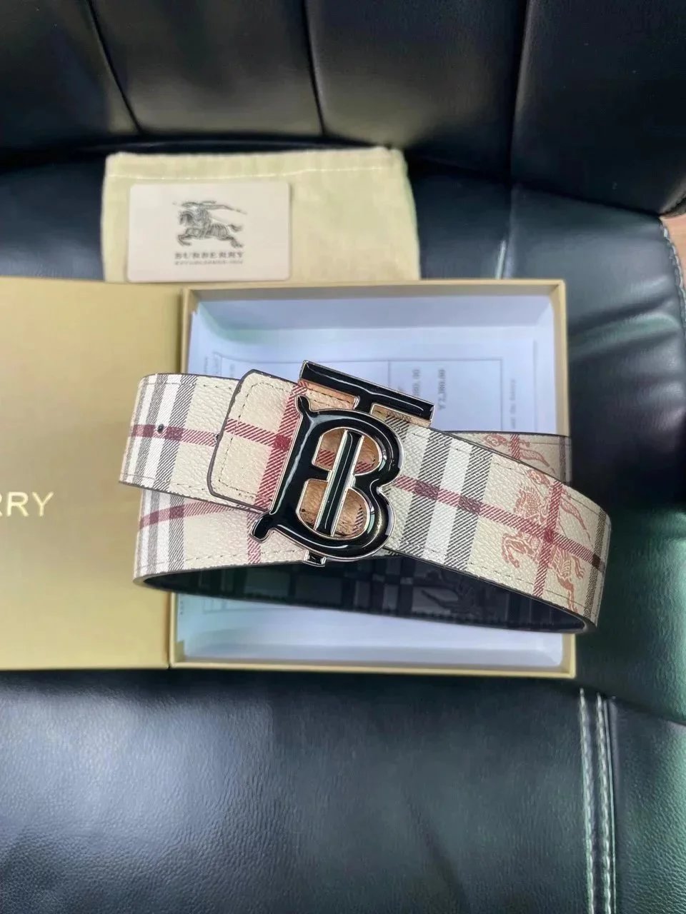 Burberry TB Monogram Check Classic Belt Beige